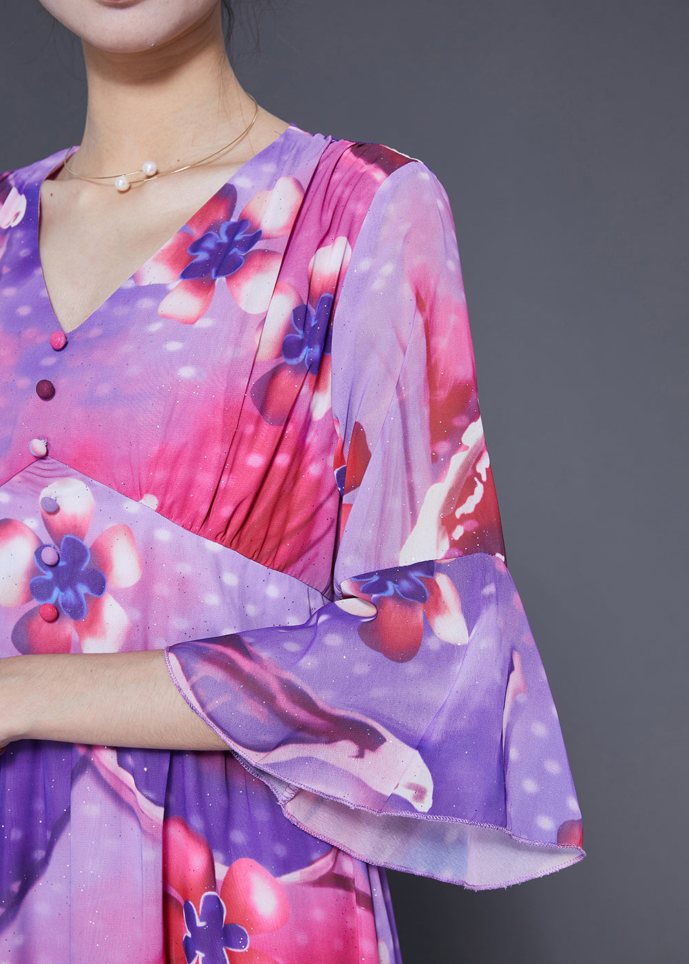 Rose Cinched Patchwork Print Silk Vacation Dress Summer