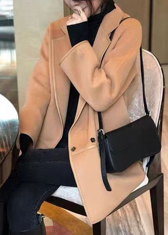 Black Notched Patchwork Pockets Wool Blend Coat Fall