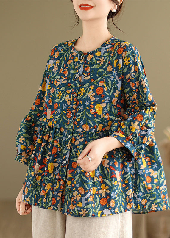 Diy Green Print Cotton a Line Shirt Tops Spring