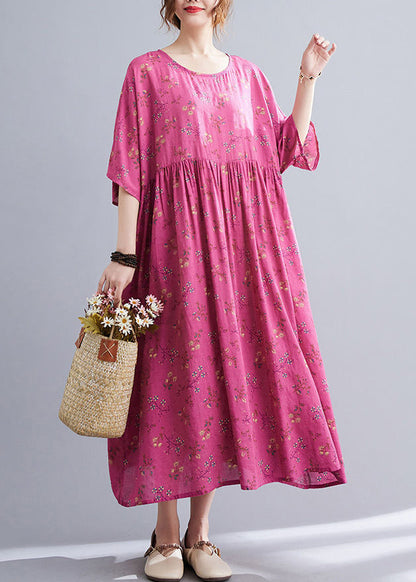 Rose Print Pockets Cotton Long Dresses Summer