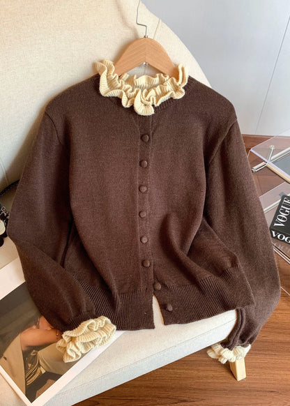 Coffee Ruffled Button Patchwork Knit Coats Winter