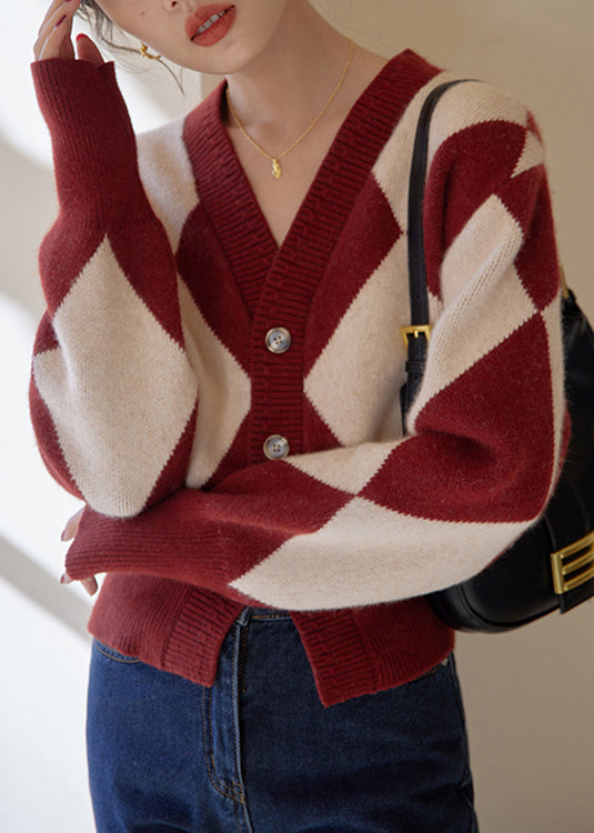 Red Plaid Button Patchwork Knit Sweaters Fall