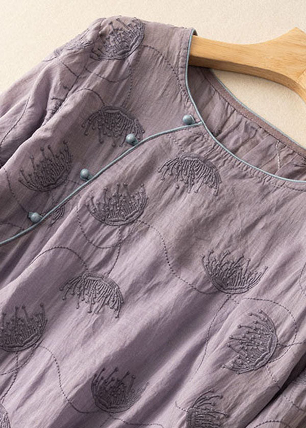 Purple O-neck Embroideried Patchwork Linen Dress Summer