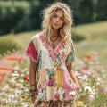 Women's Holiday Embroidered Floral Patchwork V-neck T-shirt artswardrobe