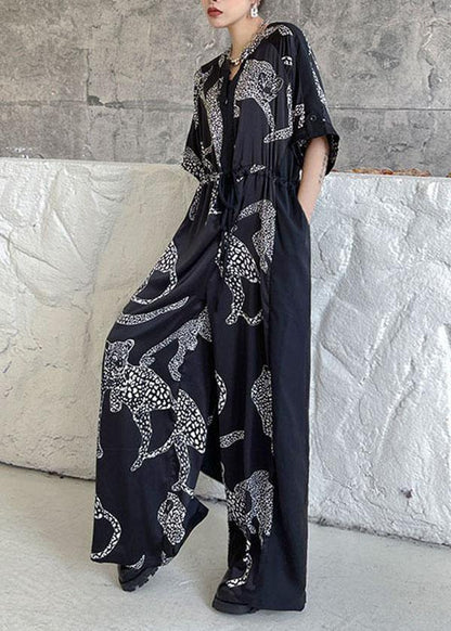 Black Summer Patchwork Wide Leg Print Chiffon Jumpsuit Pants