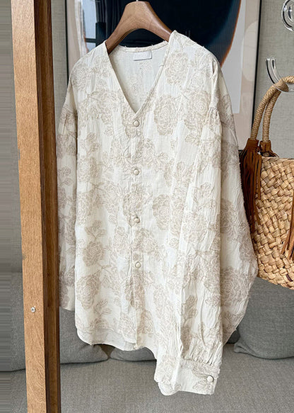 Apricot V Neck Jacquard Button Cotton Shirts Spring