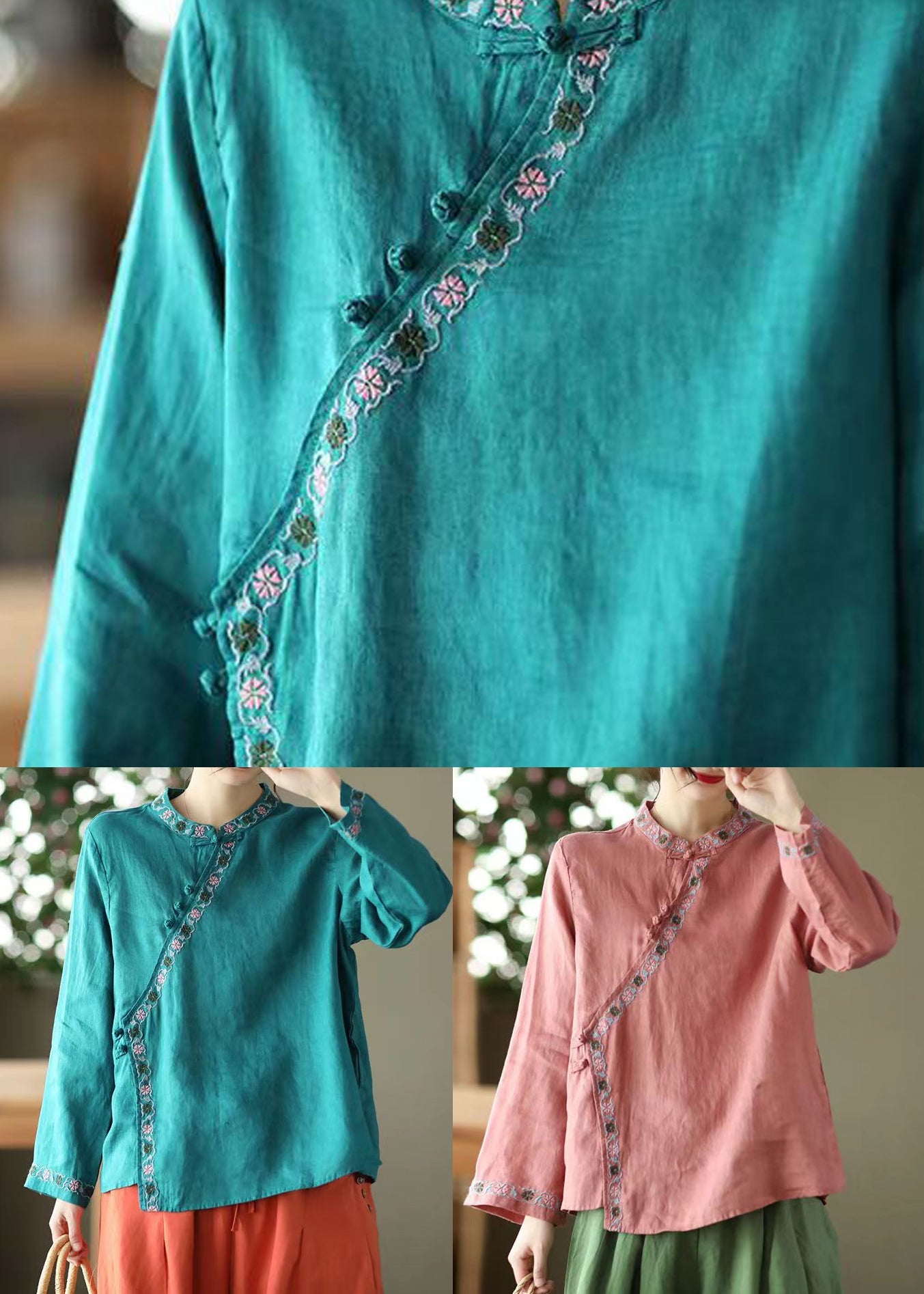 Red Stand Collar Embroideried Linen Shirt Top Long Sleeve