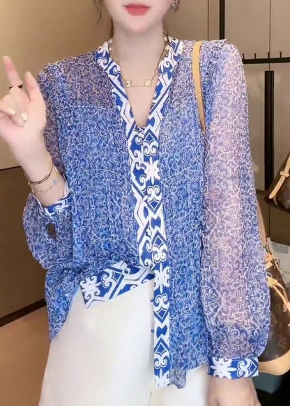 New Blue V Neck Print Chiffon Blouse Long Sleeve