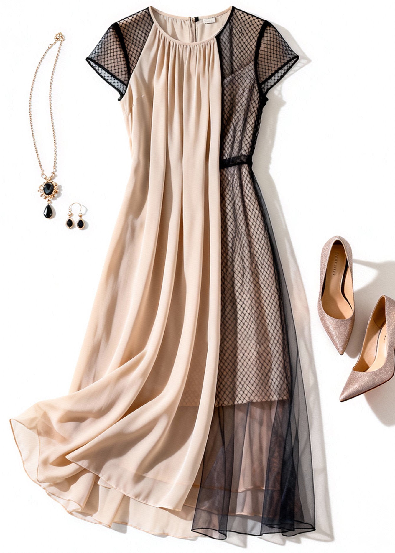 Apricot Wrinkled Tulle Patchwork Dress Summer