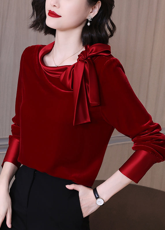 Art Red O-neck Velour Tops Long Sleeve
