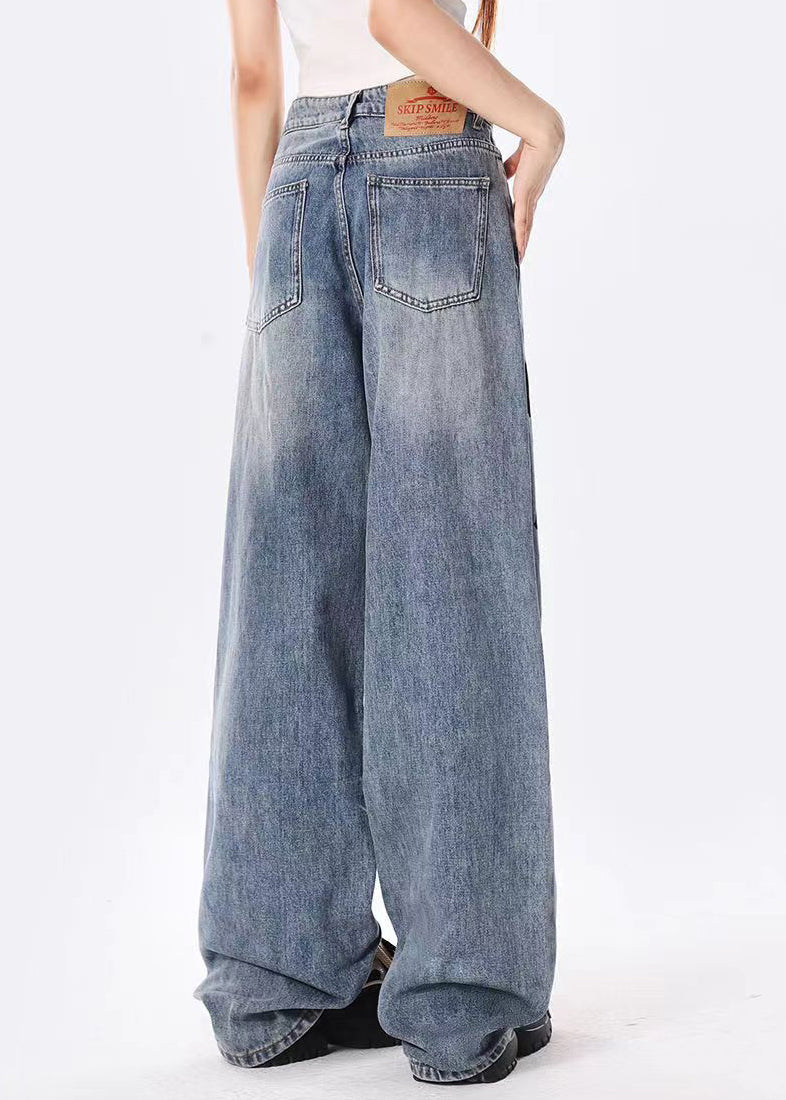 Blue Graffiti Pockets Denim Wide Leg Pants Spring