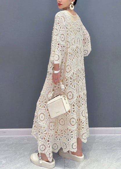 Simple Apricot O-neck Hollow Out Knit Maxi Dress Long Sleeve Summer