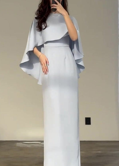 Slim Fit Light Blue Silk Shawl Waist Cinched Dress Summer