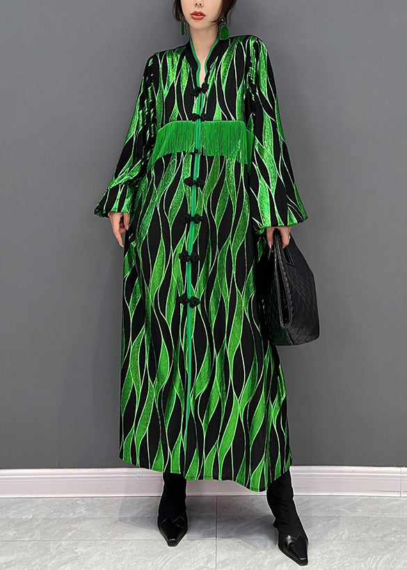 Green V Neck Patchwork Tassel Button Velour Maxi Dresses Fall