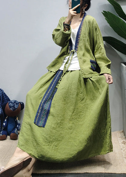 Green V Neck Linen Shirt Top Loose Skirt Sets Two Pieces Long Sleeve