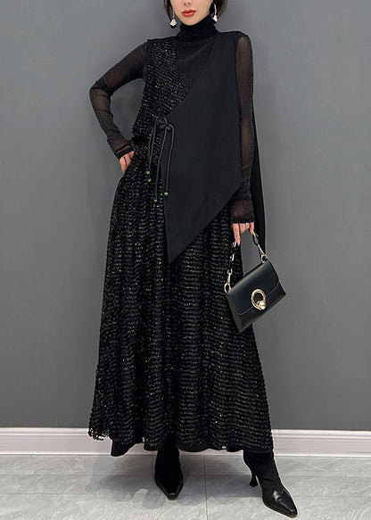 Autumn New Black Sleeveless Vest and Skirts Two Piece Set