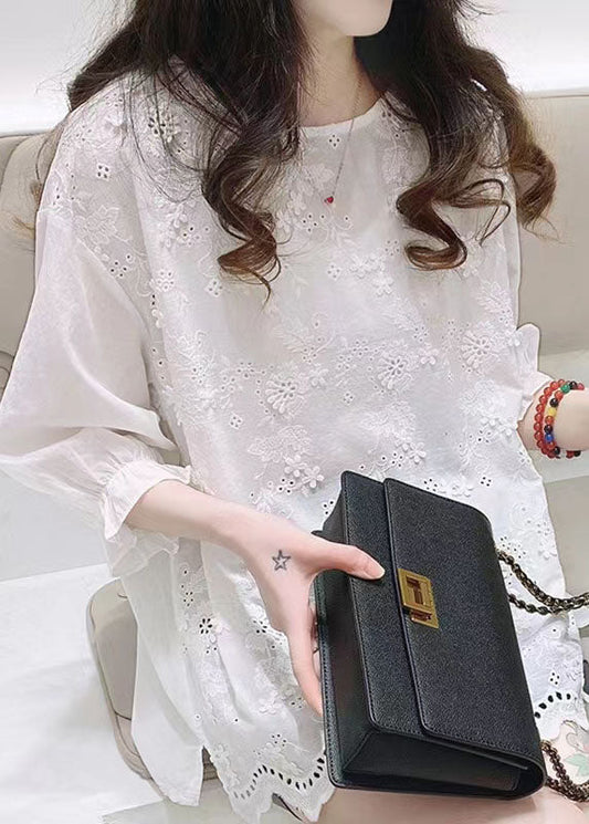 White Jacquard Half Sleeve Cotton Blouse Top Summer