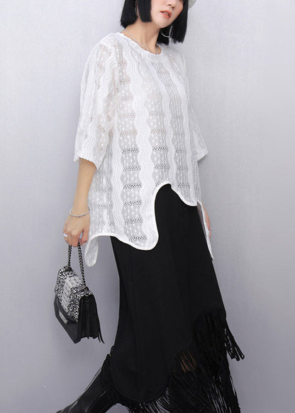 White Asymmetrical Hollow Out Cotton Tops Summer