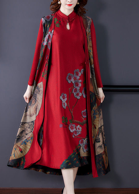 Red Stand Collar Chinese Button Silk Chinese Style Two Pieces Set Spring