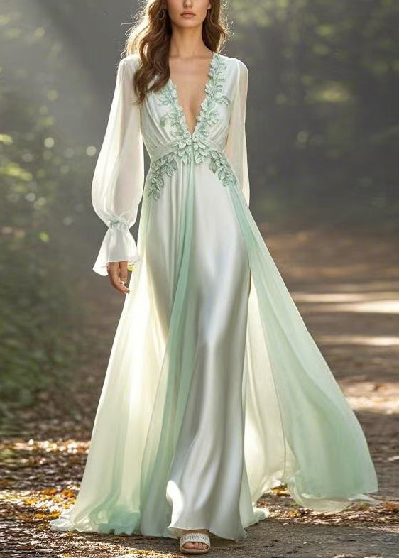 Light Green V Neck Front Open Chiffon Long Dress Fall