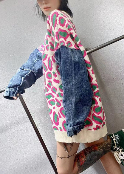 Pink Loose O-neck Patchwork Fall Leopard Knitwear Coat