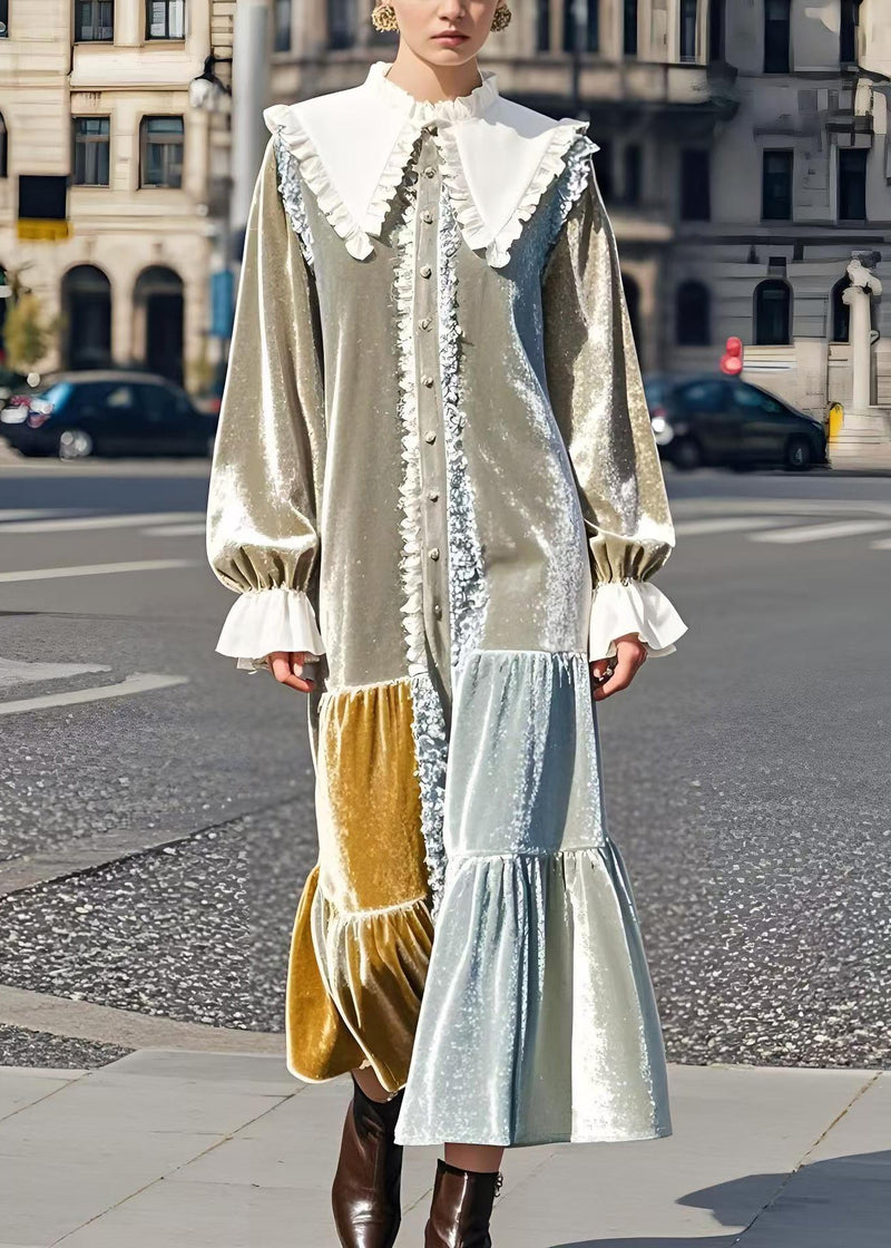 French Peter Pan Collar Patchwork Silk Velour Robe Dresses Spring