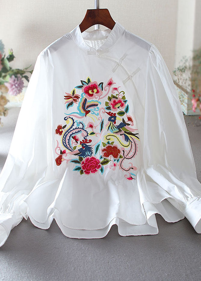 White Embroidered Chinese Button Cotton Blouse Top Spring