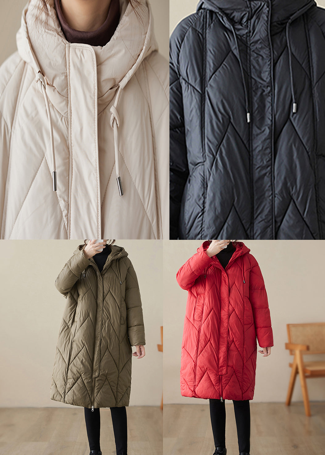 Red Zip Up Hooded Pockets Fine Cotton Filled Witner Coat