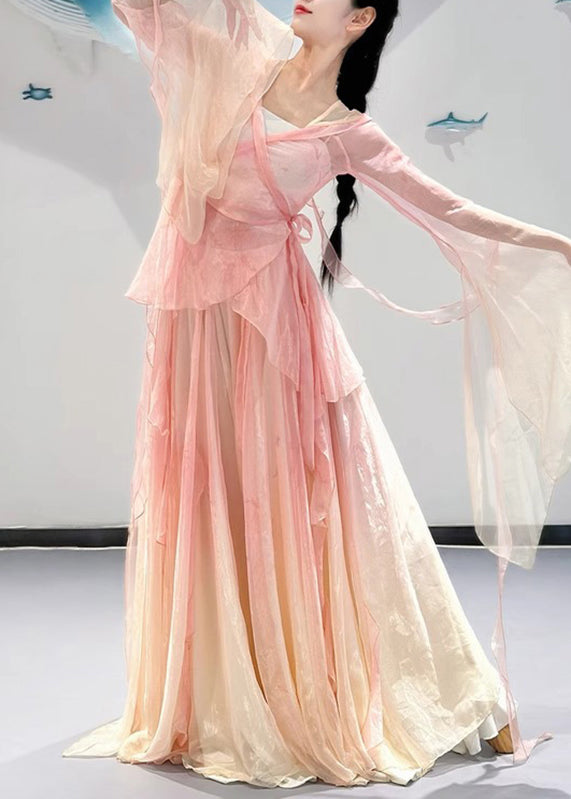 Gradient Color Pink V Neck Silk Top and Maxi Skirts Two Pieces Set Flare Sleeve