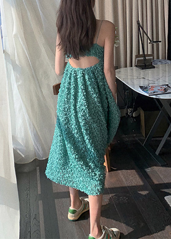 Green Slash Neck Embroideried Slip Long Dress Summer