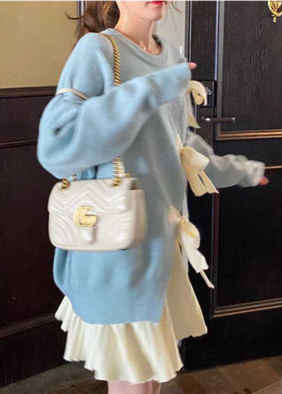 Boutique Blue Bow Patchwork Fall Knit Sweaters