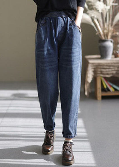 Blue Elastic Waist Pockets Harem Pants Spring