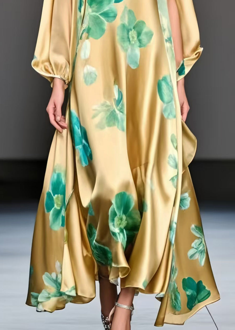Fine Yellow Oversized Print Silk a Line Dress Fall