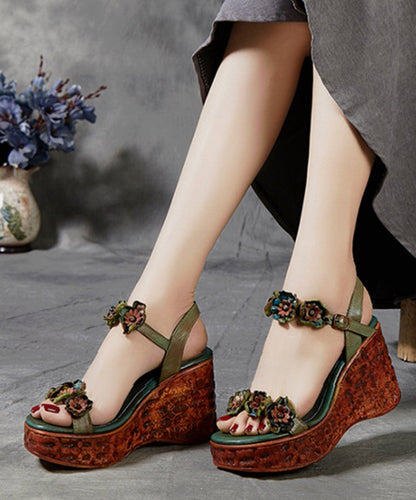 Wedge Sandals Peep Toe Brown Cowhide Leather