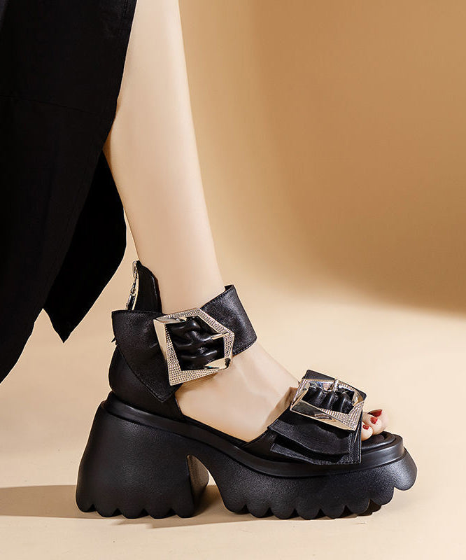 Black Zippered Sandals Buckle Strap Chunky Sandals