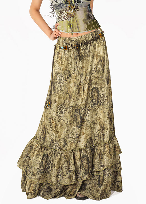 Unique Green Ruffled Print Patchwork a Line Skirts
