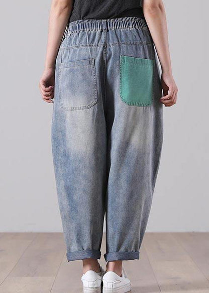 Blue Elastic Waist Harem Summer Cotton Pants
