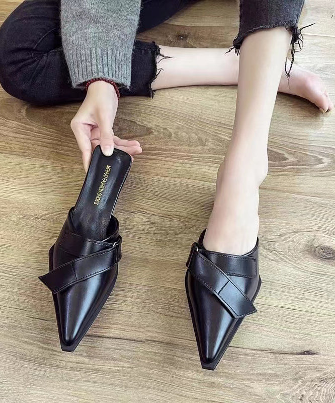 Black Chunky Faux Leather Splicing Slide Sandals Pointed Toe