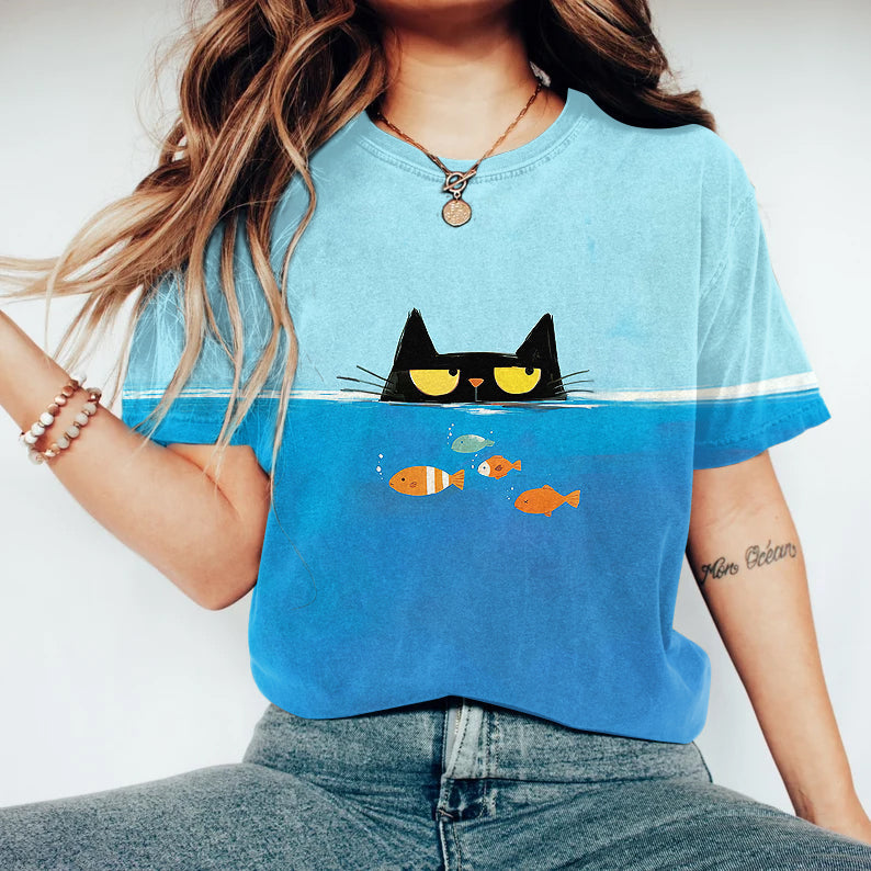 Comstylish Women's Funny Cat And Fish Print Crew Neck Short Sleeve T-shirt