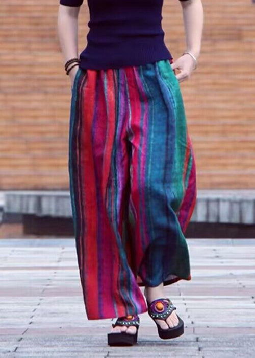 Colorblock Pockets Striped Cotton Wide Leg Pants Summer