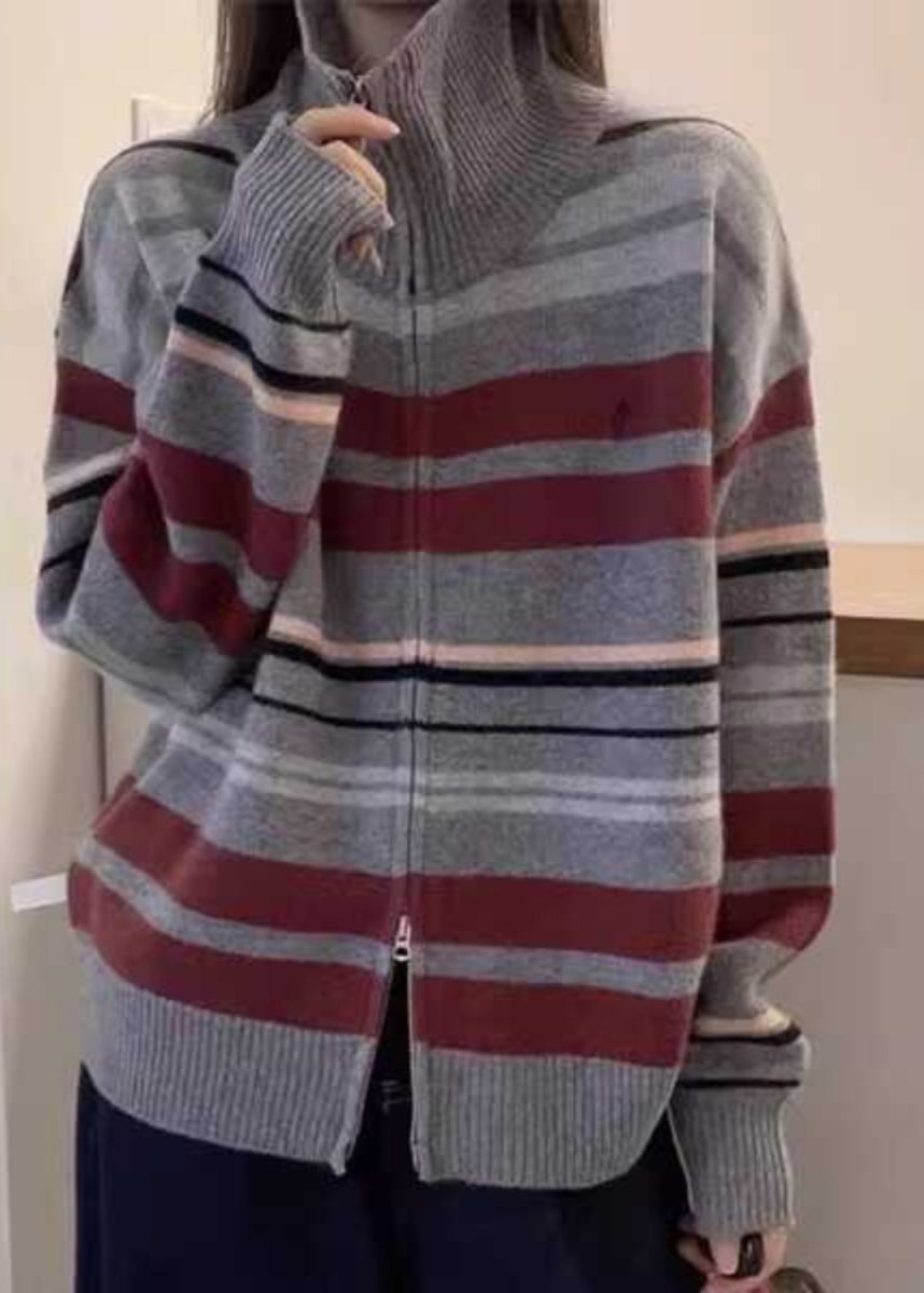 White Striped Patchwork Zippered Cotton Knit Sweaters Fall