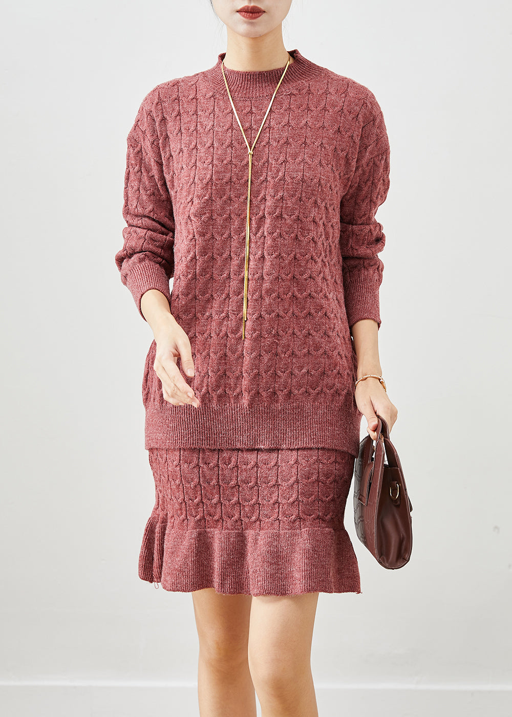 Brick Red Ruffles Knit Two Pieces Set Fall