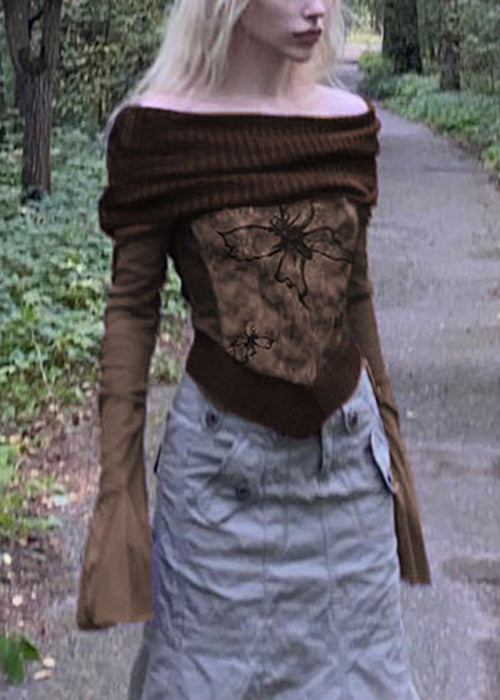 Brown Print Knit Patchwork T Shirts Flare Sleeve