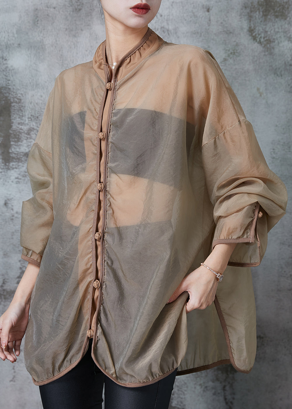 Brown Hollow Out Tulle Upf 50+ Coat Jacket Spring