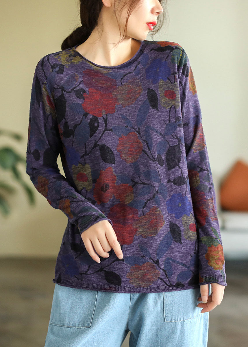 Blue O-neck Print Cotton Knitted Top Long Sleeve