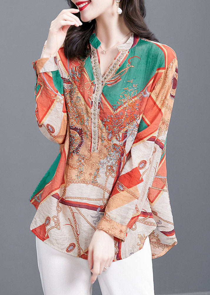 Multi Print V Neck Button Chiffon Blouse Tops Long Sleeve
