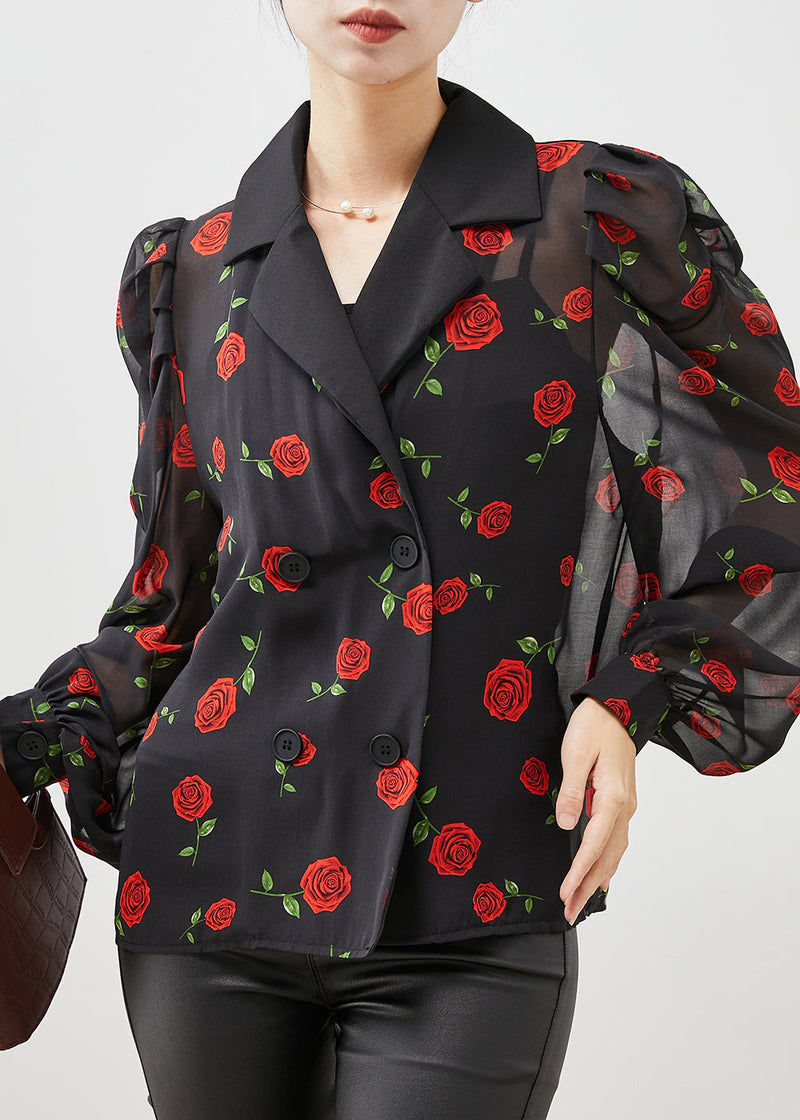 Boutique Black Double Breast Chiffon Shirt Puff Sleeve