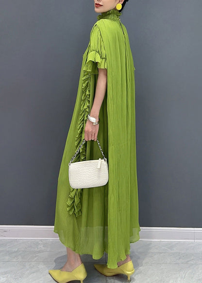 Vogue Green Turtleneck Ruffled Wrinkled Maxi Dress Short Sleeve