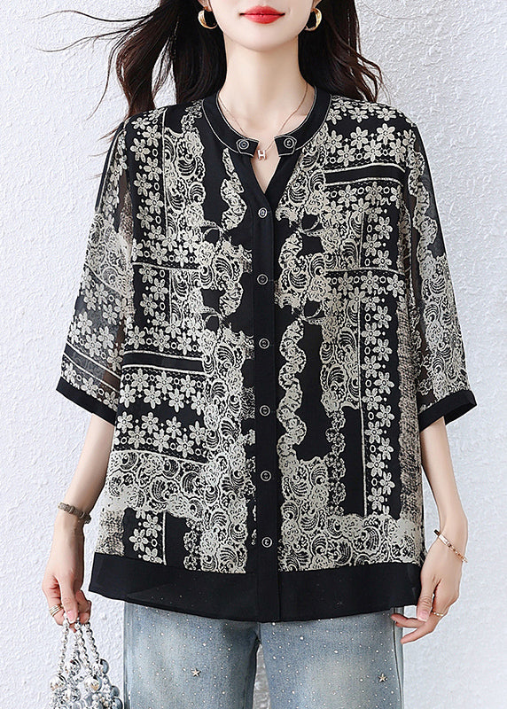 Black O-neck Print Button Shirts Fall