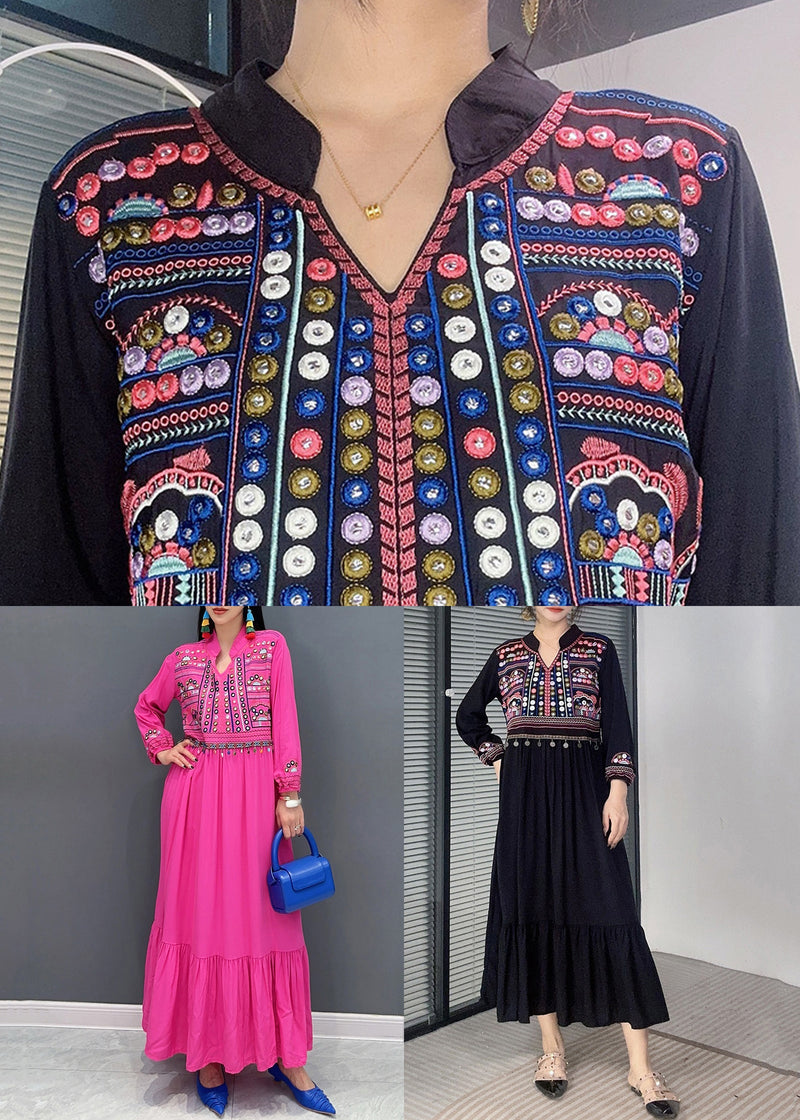 Rose Embroidered Patchwork Cotton Long Dresses Fall